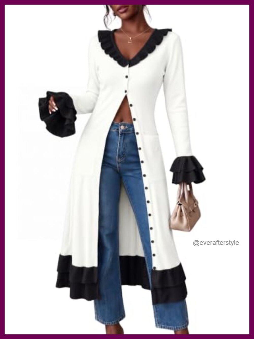 Women's Bell Sleeve Maxi Cardigan Button Up Ruffle Hem Lightweight Duster